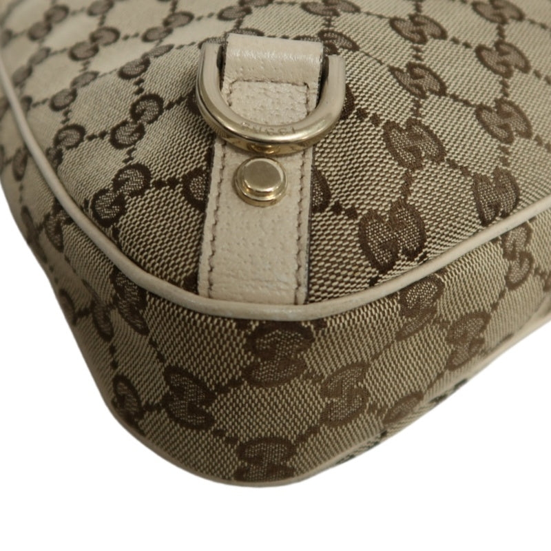 GUCCI GG Monogram Canvas Hobo Shoulder Bag Beige Brown Classic Pattern Light Tan Off White Leather Trim Gold Hardware Vintage Elegant Spacious Casual Daily Commute Bag