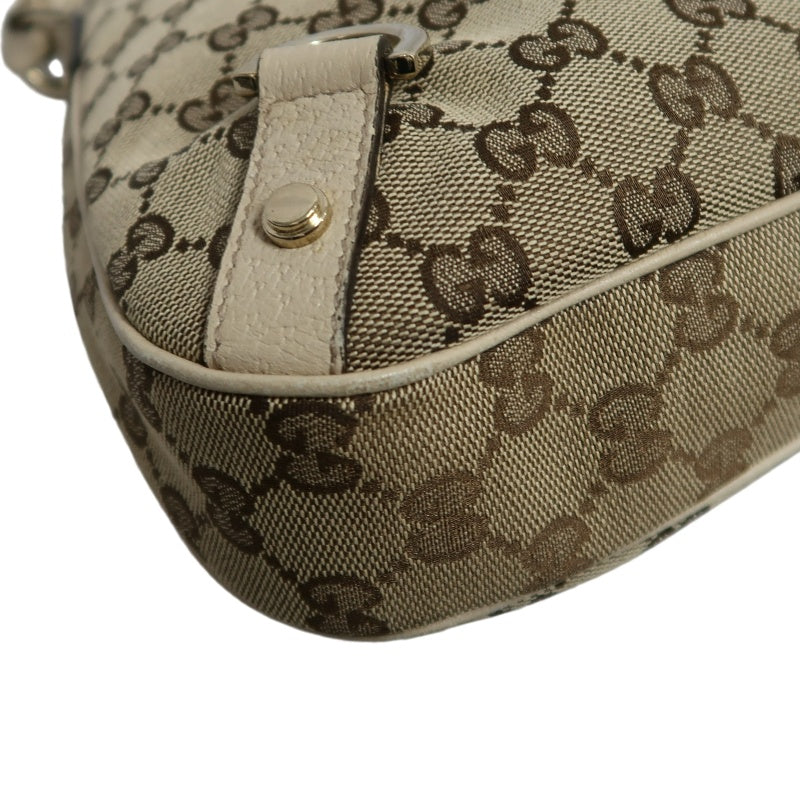 GUCCI GG Monogram Canvas Hobo Shoulder Bag Beige Brown Classic Pattern Light Tan Off White Leather Trim Gold Hardware Vintage Elegant Spacious Casual Daily Commute Bag