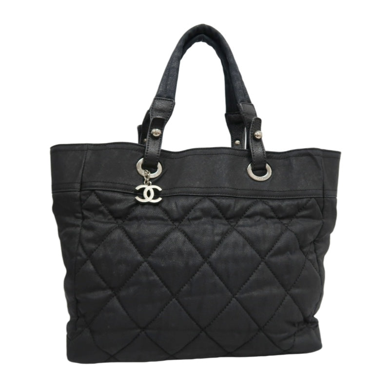 CHANEL Paris Biarritz Tote Bag Canvas Black Silver-Tone Hardware With Dust Bag