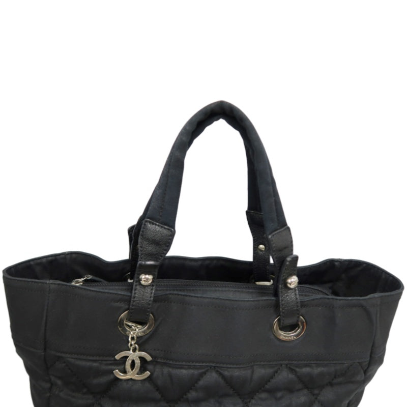 CHANEL Paris Biarritz Tote Bag Canvas Black Silver-Tone Hardware With Dust Bag