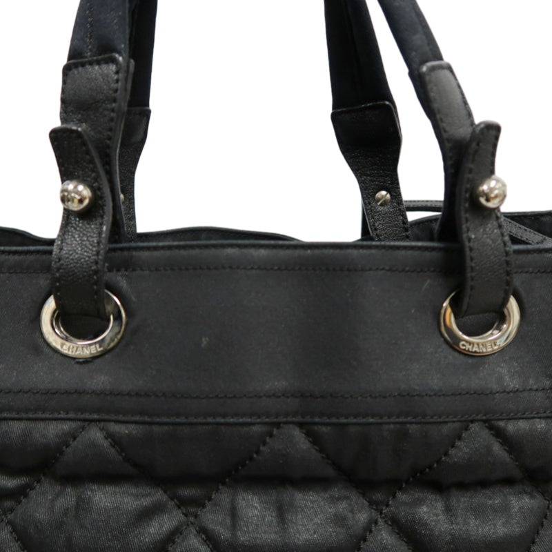 CHANEL Paris Biarritz Tote Bag Canvas Black Silver-Tone Hardware With Dust Bag