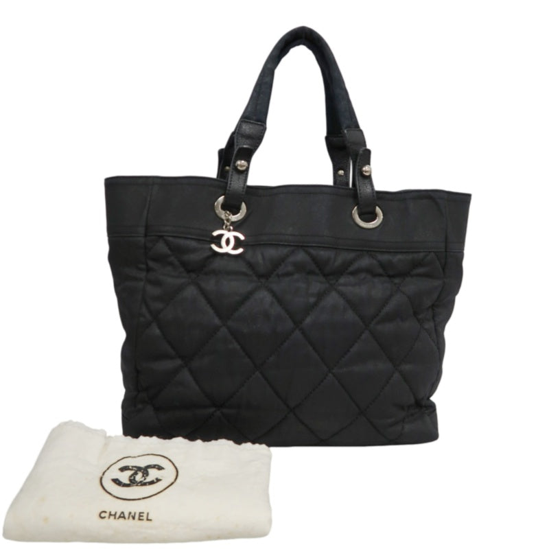 CHANEL Paris Biarritz Tote Bag Canvas Black Silver-Tone Hardware With Dust Bag