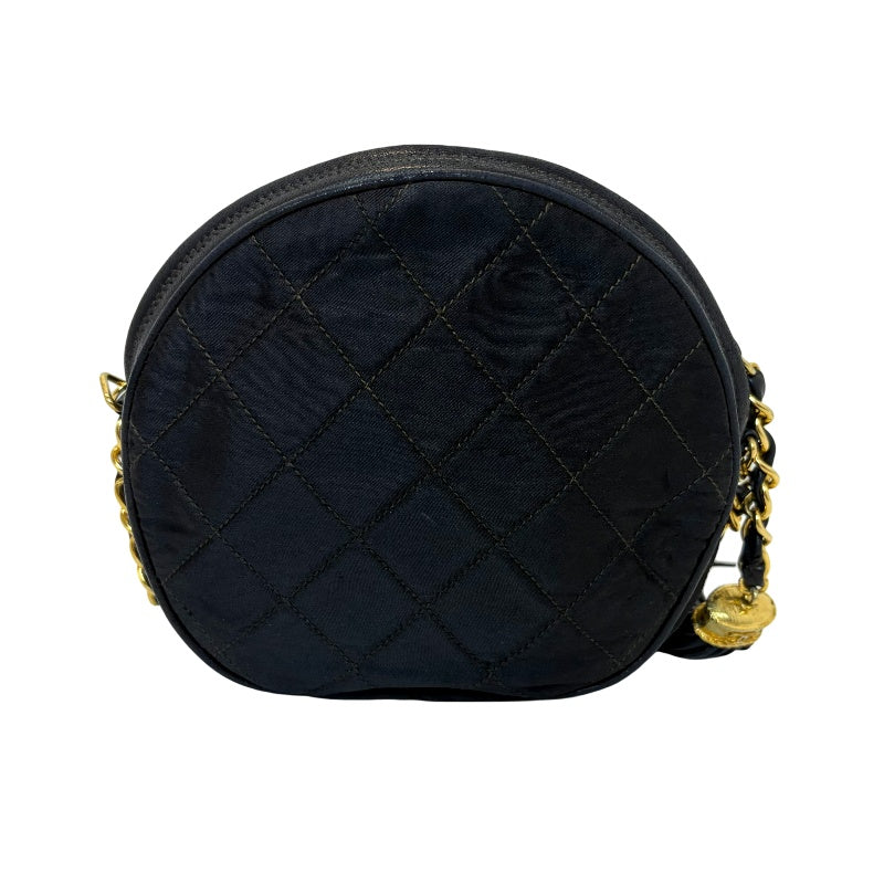 CHANEL Quilted Canvas Round Mini Circle Chain Crossbody Bag Black Woven Material Gold Hardware Coin Charm Pendant Vintage Cute Compact Design Included Original Guarantee Card