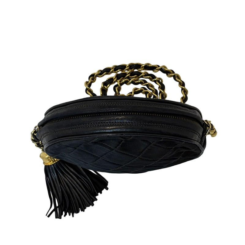 CHANEL Quilted Canvas Round Mini Circle Chain Crossbody Bag Black Woven Material Gold Hardware Coin Charm Pendant Vintage Cute Compact Design Included Original Guarantee Card