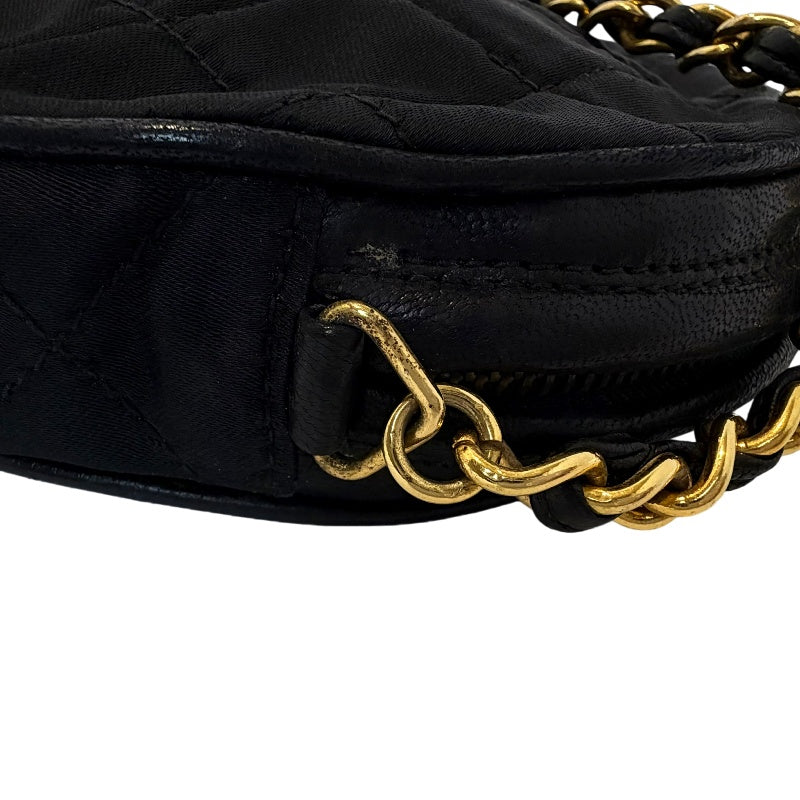 CHANEL Quilted Canvas Round Mini Circle Chain Crossbody Bag Black Woven Material Gold Hardware Coin Charm Pendant Vintage Cute Compact Design Included Original Guarantee Card