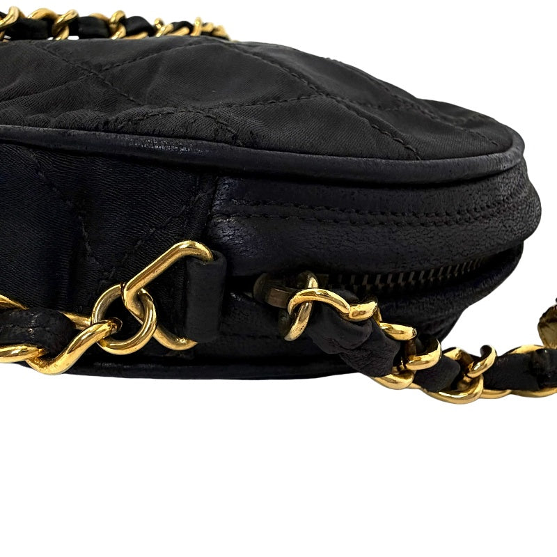 CHANEL Quilted Canvas Round Mini Circle Chain Crossbody Bag Black Woven Material Gold Hardware Coin Charm Pendant Vintage Cute Compact Design Included Original Guarantee Card