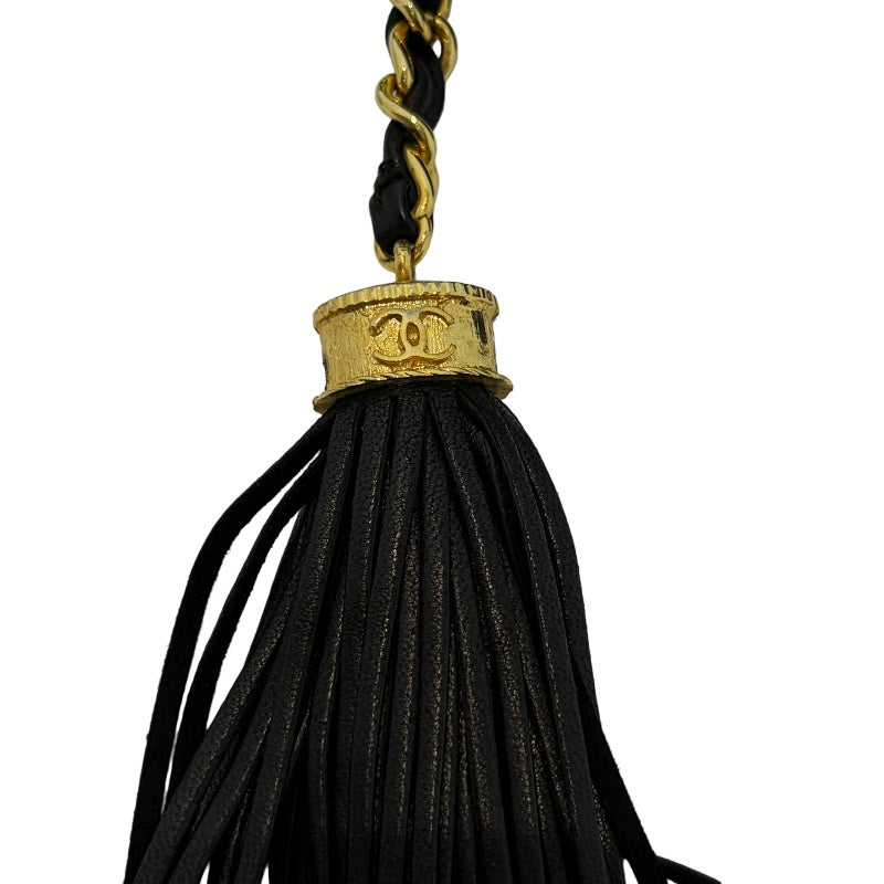 CHANEL Quilted Canvas Round Mini Circle Chain Crossbody Bag Black Woven Material Gold Hardware Coin Charm Pendant Vintage Cute Compact Design Included Original Guarantee Card