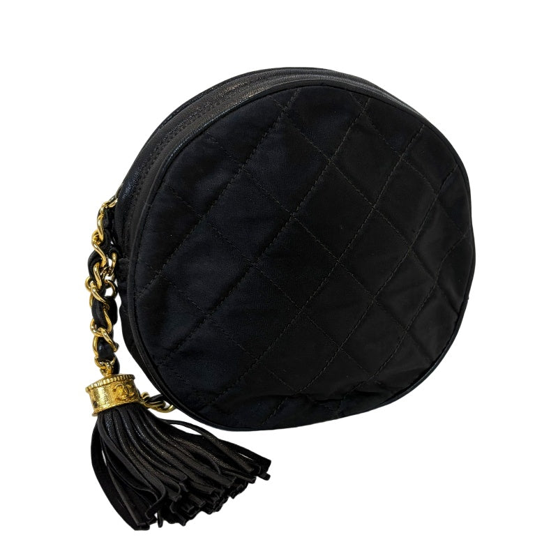 CHANEL Quilted Canvas Round Mini Circle Chain Crossbody Bag Black Woven Material Gold Hardware Coin Charm Pendant Vintage Cute Compact Design Included Original Guarantee Card