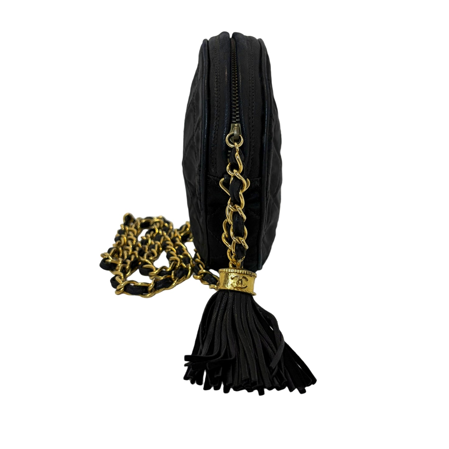 CHANEL Quilted Canvas Round Mini Circle Chain Crossbody Bag Black Woven Material Gold Hardware Coin Charm Pendant Vintage Cute Compact Design Included Original Guarantee Card