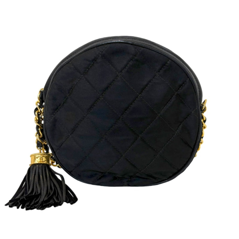 CHANEL Quilted Canvas Round Mini Circle Chain Crossbody Bag Black Woven Material Gold Hardware Coin Charm Pendant Vintage Cute Compact Design Included Original Guarantee Card