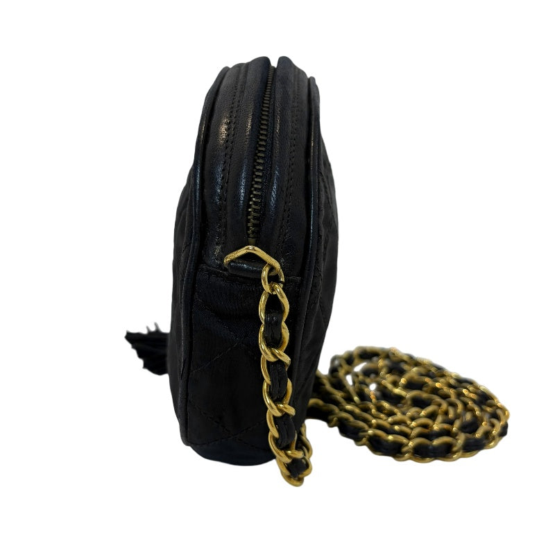 CHANEL Quilted Canvas Round Mini Circle Chain Crossbody Bag Black Woven Material Gold Hardware Coin Charm Pendant Vintage Cute Compact Design Included Original Guarantee Card