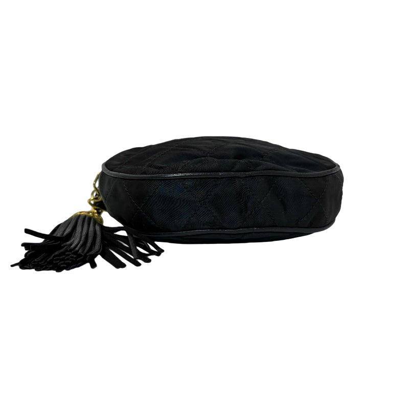 CHANEL Quilted Canvas Round Mini Circle Chain Crossbody Bag Black Woven Material Gold Hardware Coin Charm Pendant Vintage Cute Compact Design Included Original Guarantee Card