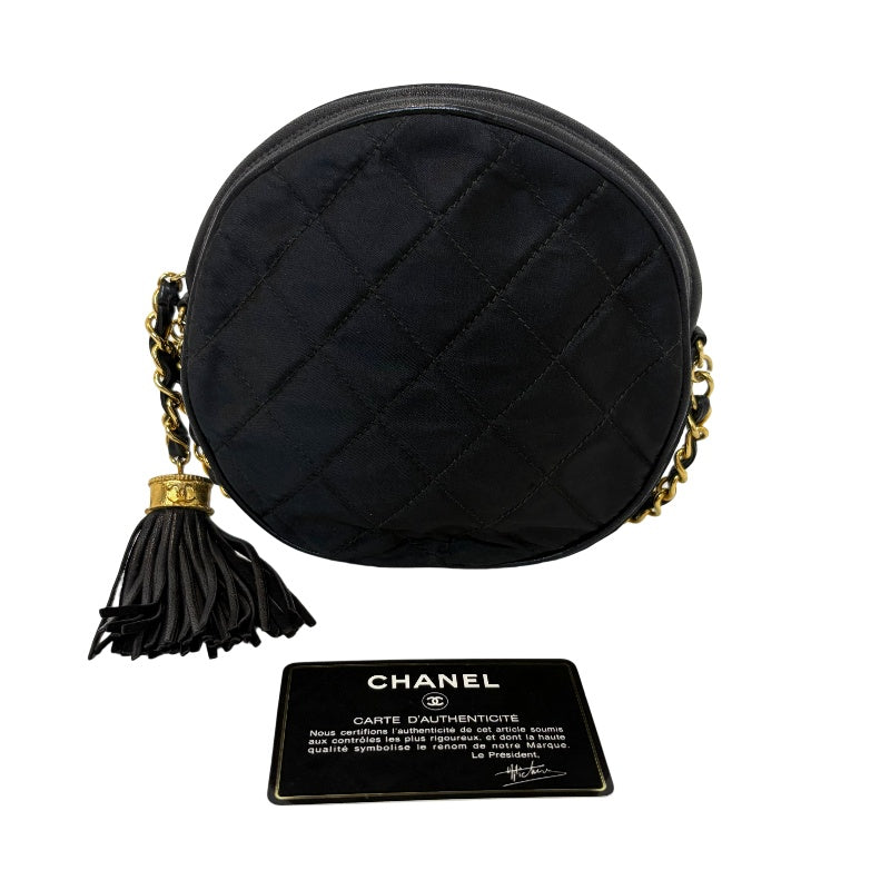 CHANEL Quilted Canvas Round Mini Circle Chain Crossbody Bag Black Woven Material Gold Hardware Coin Charm Pendant Vintage Cute Compact Design Included Original Guarantee Card