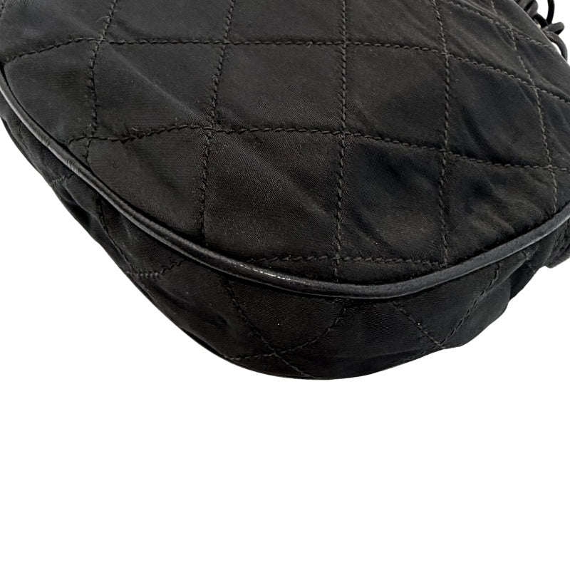CHANEL Quilted Canvas Round Mini Circle Chain Crossbody Bag Black Woven Material Gold Hardware Coin Charm Pendant Vintage Cute Compact Design Included Original Guarantee Card