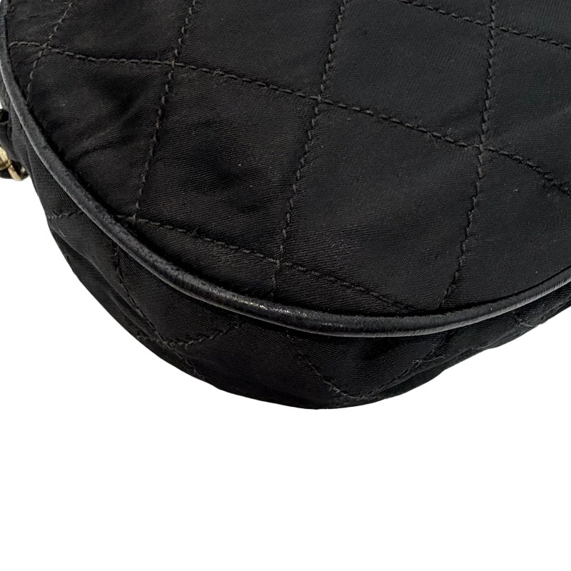 CHANEL Quilted Canvas Round Mini Circle Chain Crossbody Bag Black Woven Material Gold Hardware Coin Charm Pendant Vintage Cute Compact Design Included Original Guarantee Card