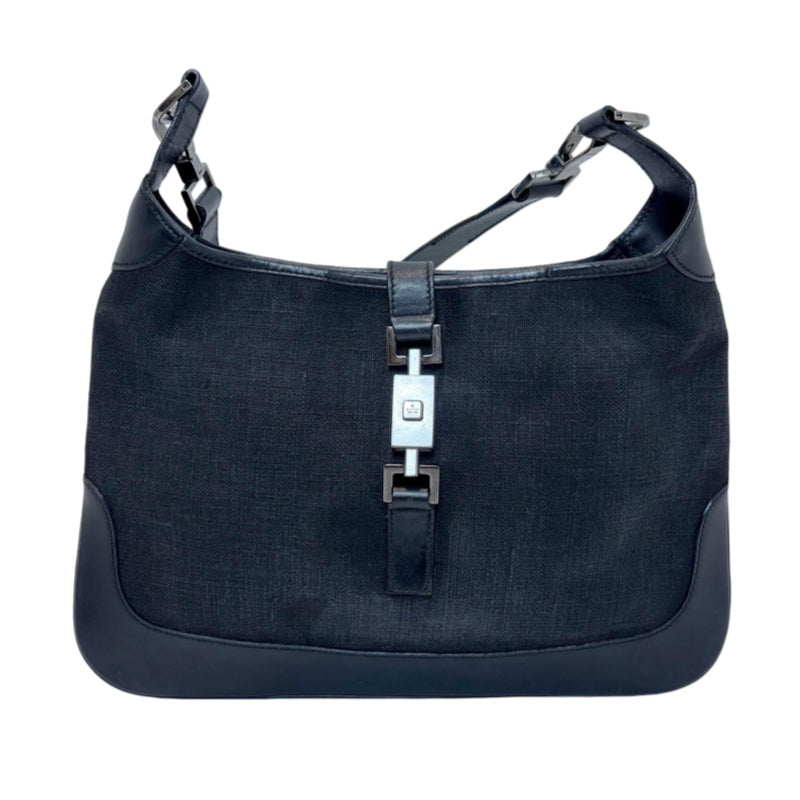 GUCCI Vintage GG Canvas Jackie Shoulder Bag Black Leather Trim Silver Hardware