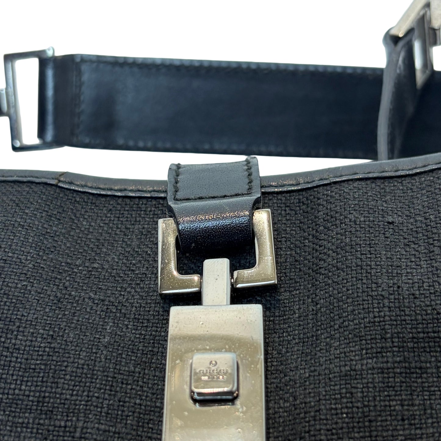GUCCI Vintage GG Canvas Jackie Shoulder Bag Black Leather Trim Silver Hardware