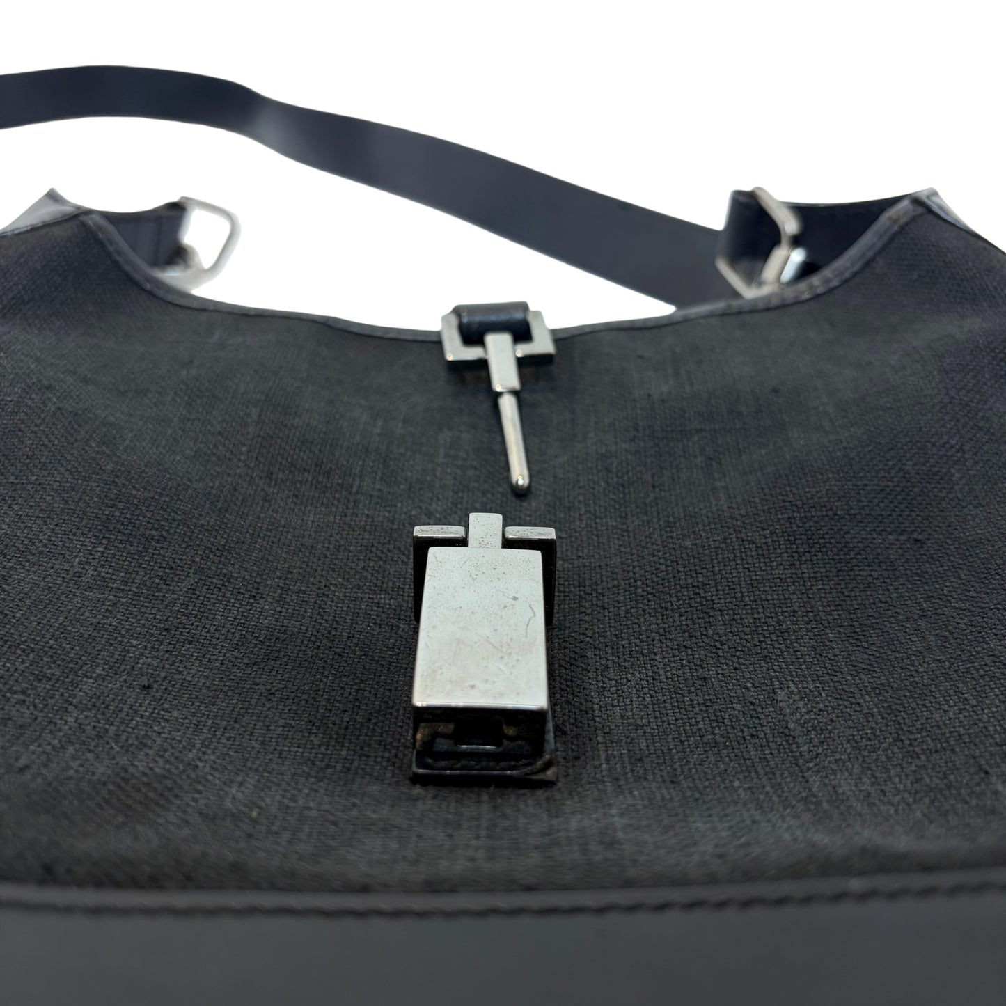 GUCCI Vintage GG Canvas Jackie Shoulder Bag Black Leather Trim Silver Hardware