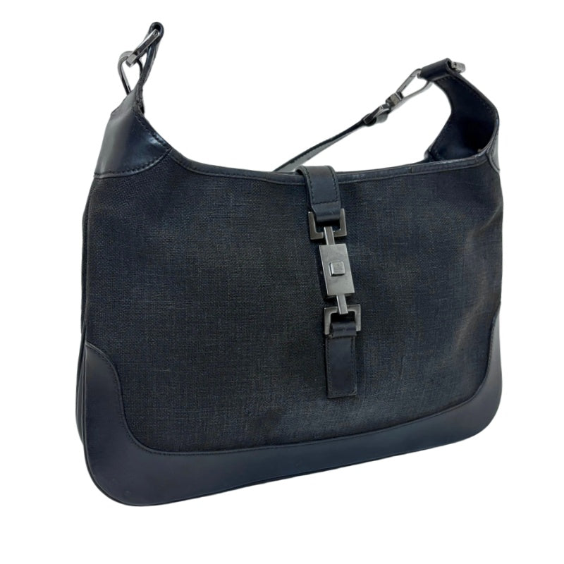 GUCCI Vintage GG Canvas Jackie Shoulder Bag Black Leather Trim Silver Hardware