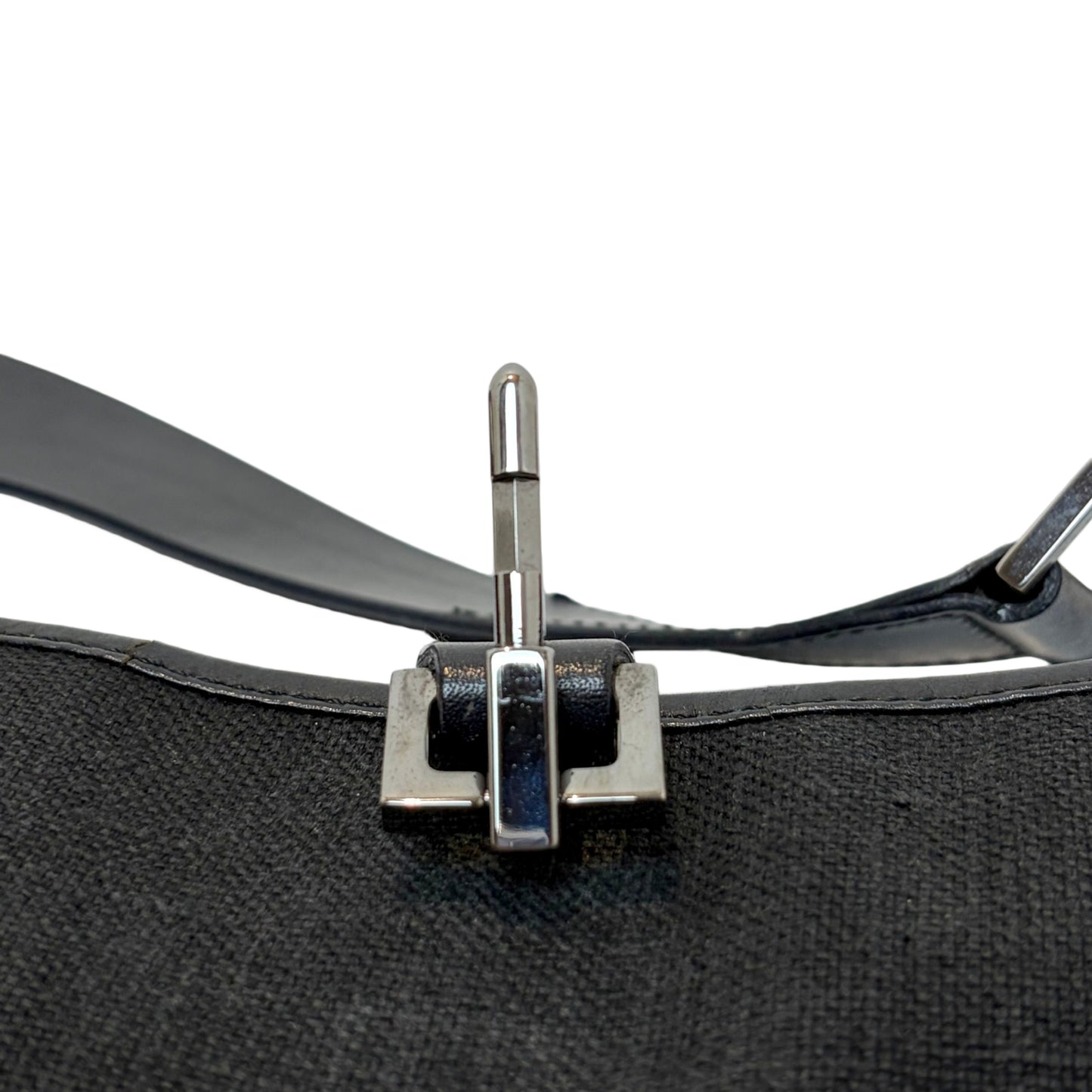 GUCCI Vintage GG Canvas Jackie Shoulder Bag Black Leather Trim Silver Hardware