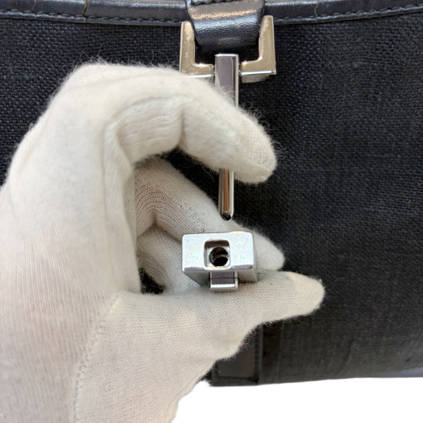 GUCCI Vintage GG Canvas Jackie Shoulder Bag Black Leather Trim Silver Hardware