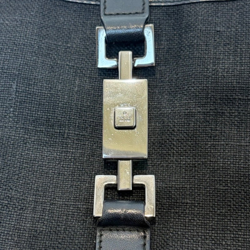 GUCCI Vintage GG Canvas Jackie Shoulder Bag Black Leather Trim Silver Hardware