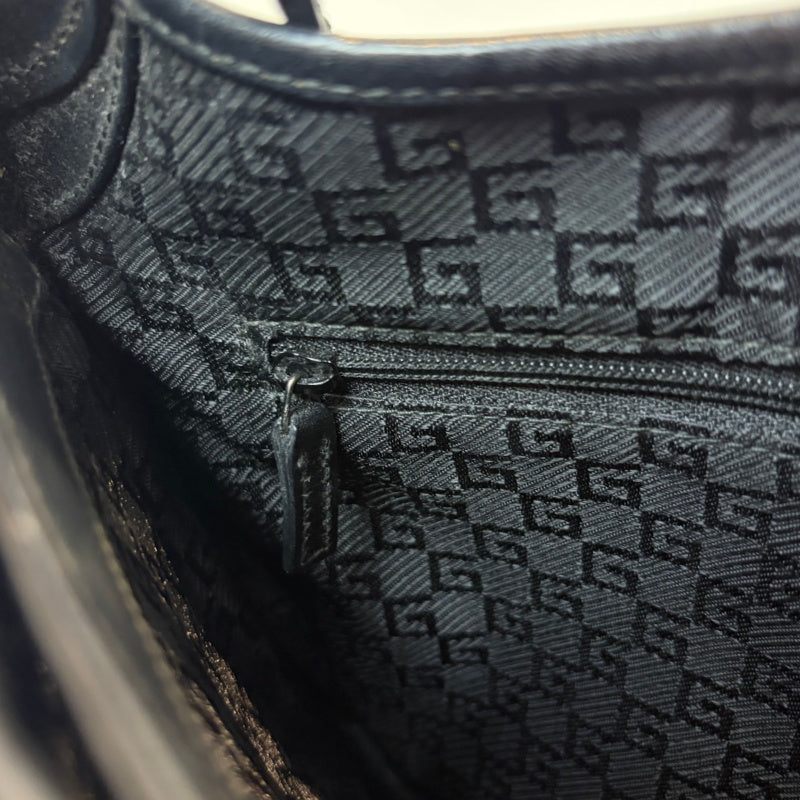 GUCCI Vintage GG Canvas Jackie Shoulder Bag Black Leather Trim Silver Hardware