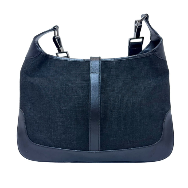 GUCCI Vintage GG Canvas Jackie Shoulder Bag Black Leather Trim Silver Hardware
