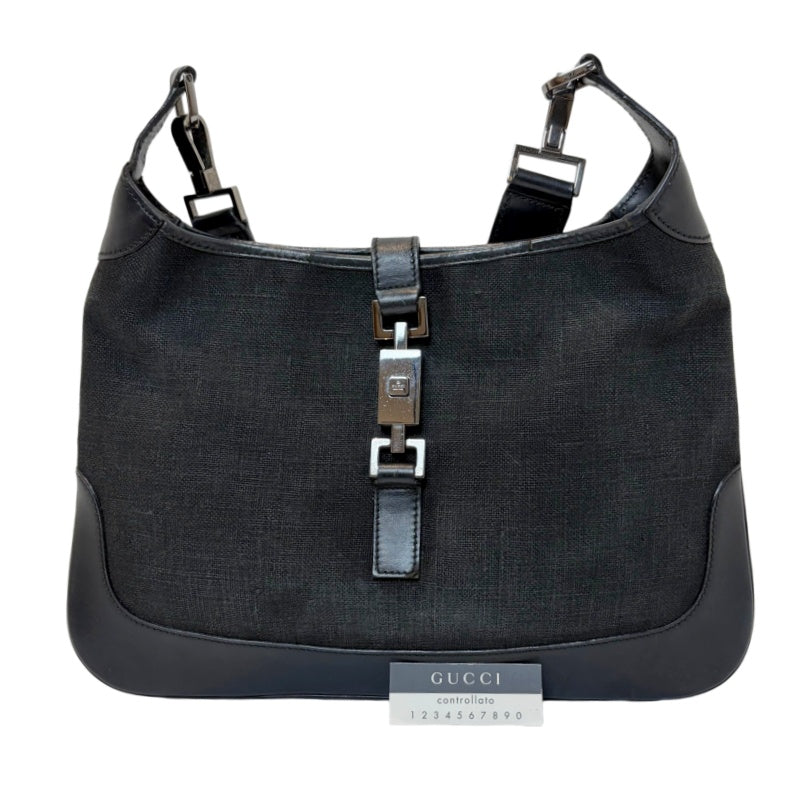GUCCI Vintage GG Canvas Jackie Shoulder Bag Black Leather Trim Silver Hardware