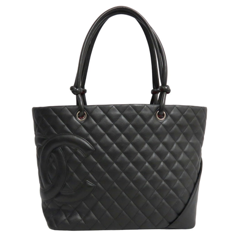 CHANEL Cambon Line Matelasse Tote Bag Lambskin Black Silver Hardware