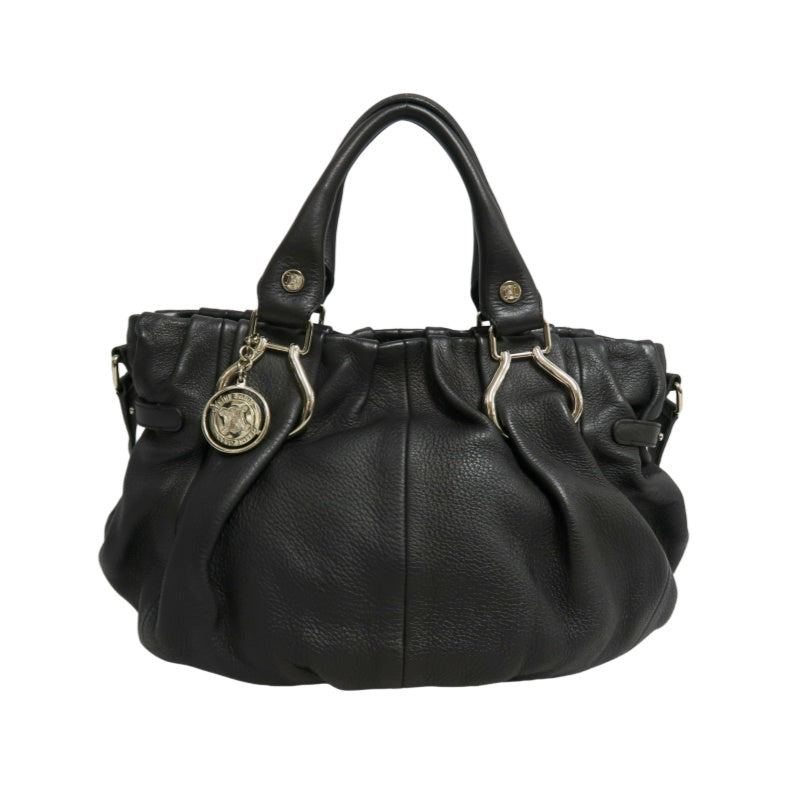 CELINE Gathered Soft Calfskin Handbag Black Pebbled Leather Gold Brand Medallion Charm Removable Shoulder Strap Compatible Spacious Vintage Classic Casual Commute Bag