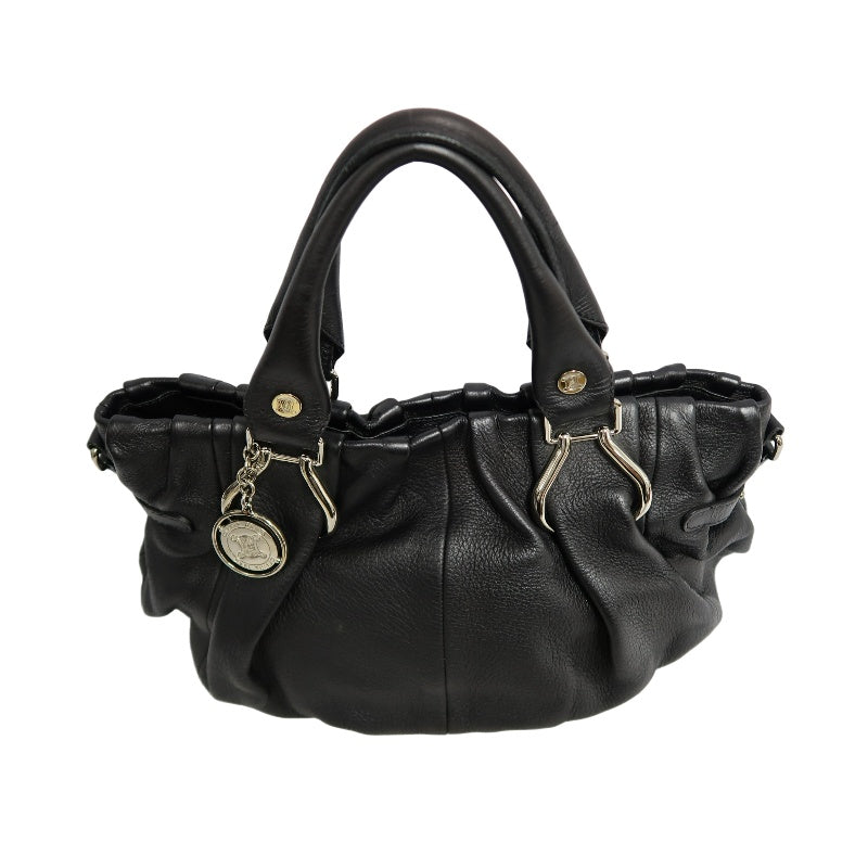 CELINE Gathered Soft Calfskin Handbag Black Pebbled Leather Gold Brand Medallion Charm Removable Shoulder Strap Compatible Spacious Vintage Classic Casual Commute Bag