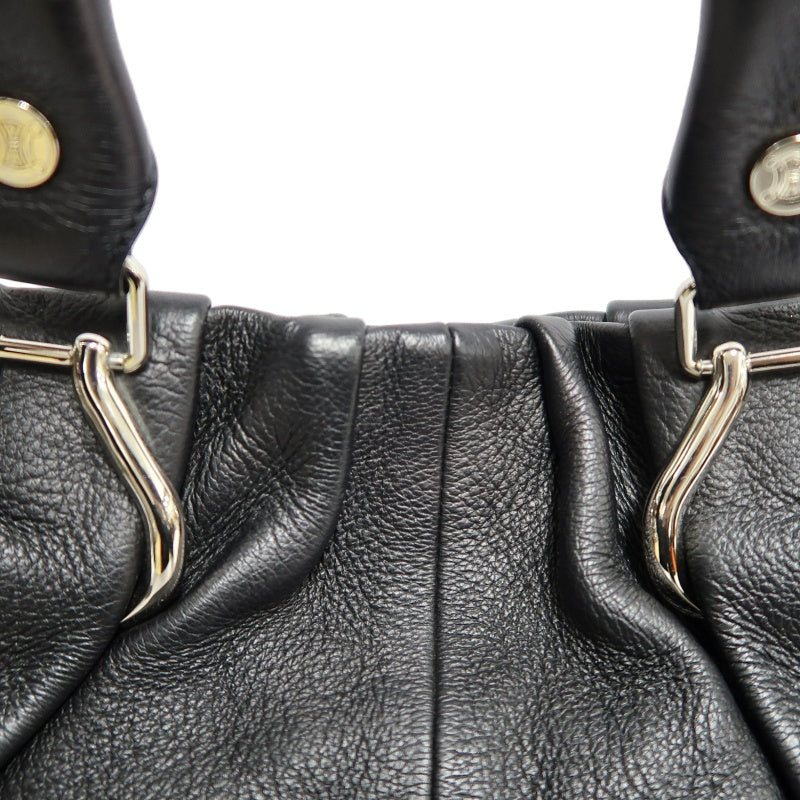 CELINE Gathered Soft Calfskin Handbag Black Pebbled Leather Gold Brand Medallion Charm Removable Shoulder Strap Compatible Spacious Vintage Classic Casual Commute Bag