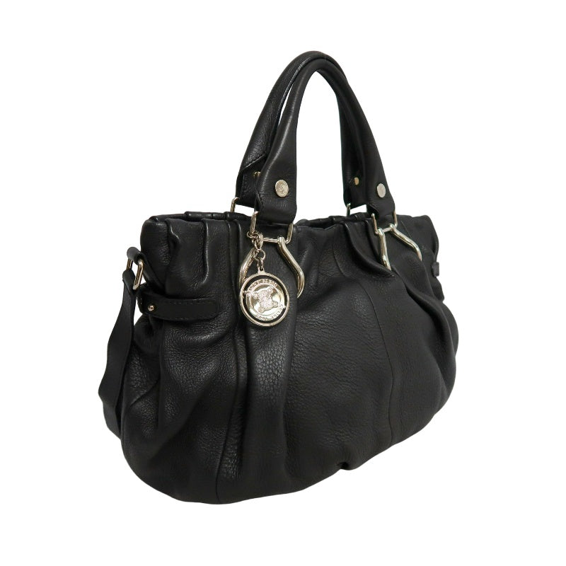 CELINE Gathered Soft Calfskin Handbag Black Pebbled Leather Gold Brand Medallion Charm Removable Shoulder Strap Compatible Spacious Vintage Classic Casual Commute Bag