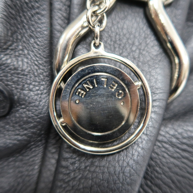 CELINE Gathered Soft Calfskin Handbag Black Pebbled Leather Gold Brand Medallion Charm Removable Shoulder Strap Compatible Spacious Vintage Classic Casual Commute Bag
