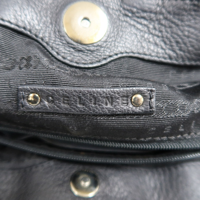 CELINE Gathered Soft Calfskin Handbag Black Pebbled Leather Gold Brand Medallion Charm Removable Shoulder Strap Compatible Spacious Vintage Classic Casual Commute Bag