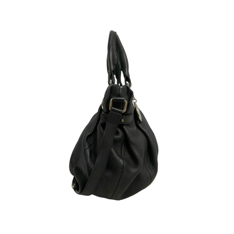 CELINE Gathered Soft Calfskin Handbag Black Pebbled Leather Gold Brand Medallion Charm Removable Shoulder Strap Compatible Spacious Vintage Classic Casual Commute Bag