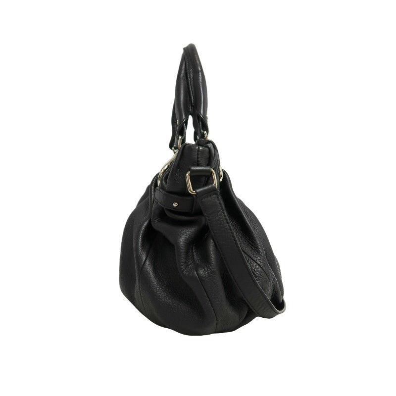 CELINE Gathered Soft Calfskin Handbag Black Pebbled Leather Gold Brand Medallion Charm Removable Shoulder Strap Compatible Spacious Vintage Classic Casual Commute Bag