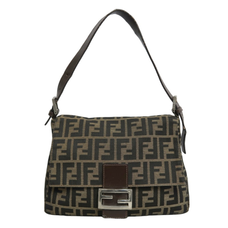 FENDI Zucca Vintage Canvas Shoulder Bag Brown Leather Strap Silver Hardware