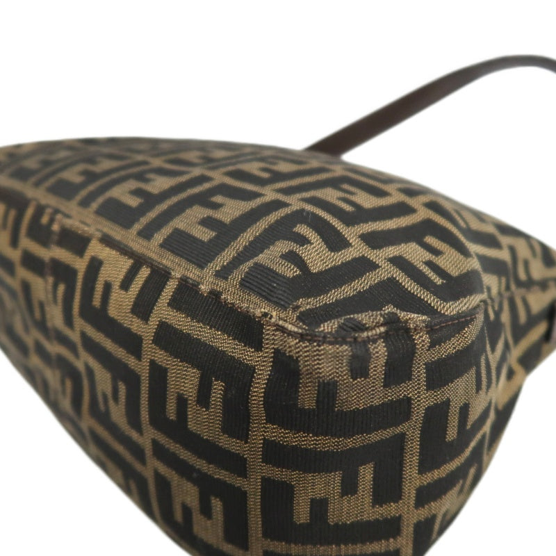 FENDI Zucca Vintage Canvas Shoulder Bag Brown Leather Strap Silver Hardware