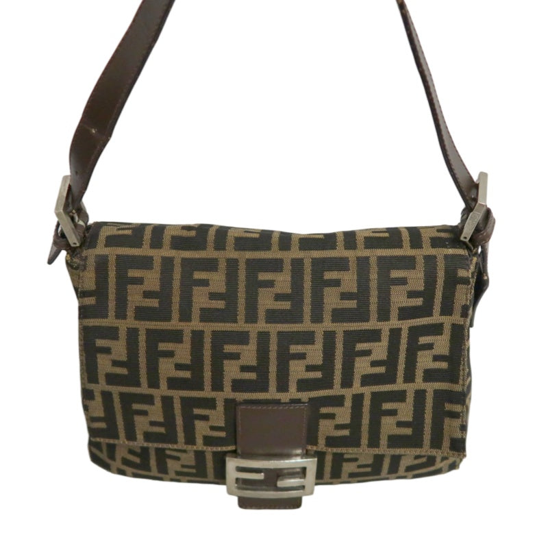 FENDI Zucca Vintage Canvas Shoulder Bag Brown Leather Strap Silver Hardware