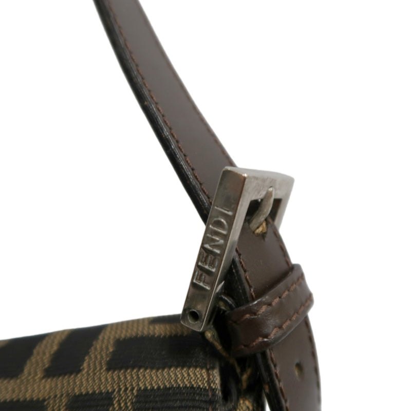 FENDI Zucca Vintage Canvas Shoulder Bag Brown Leather Strap Silver Hardware