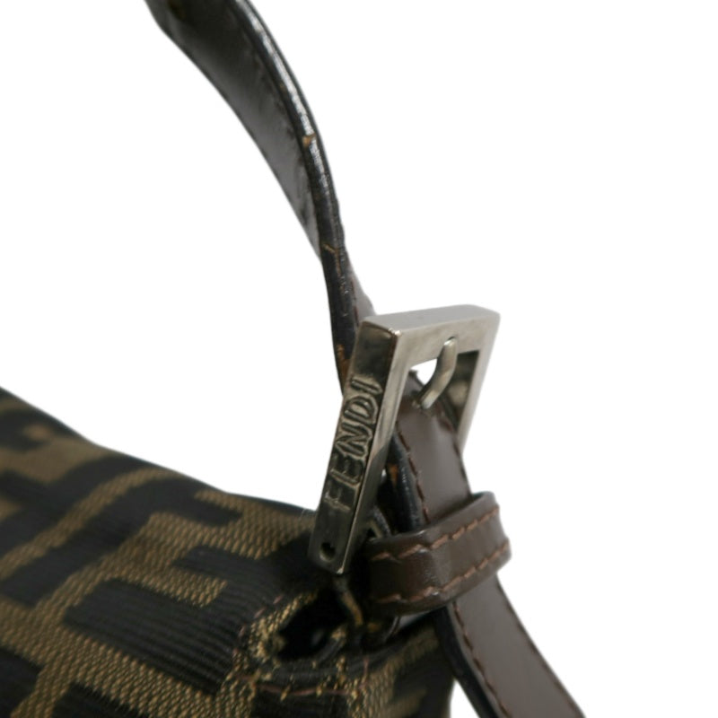 FENDI Zucca Vintage Canvas Shoulder Bag Brown Leather Strap Silver Hardware