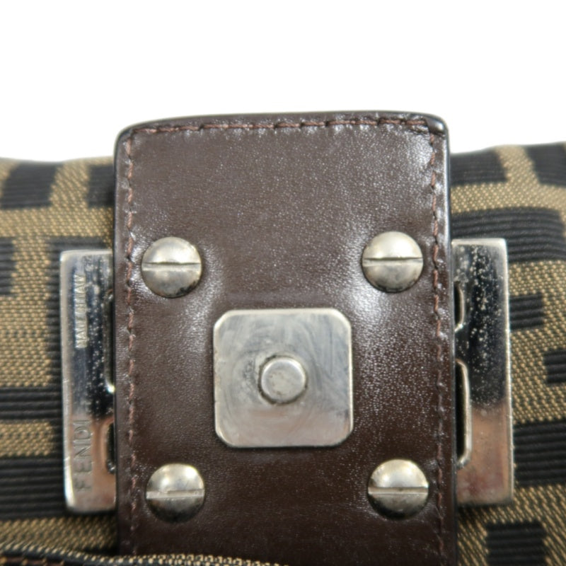 FENDI Zucca Vintage Canvas Shoulder Bag Brown Leather Strap Silver Hardware
