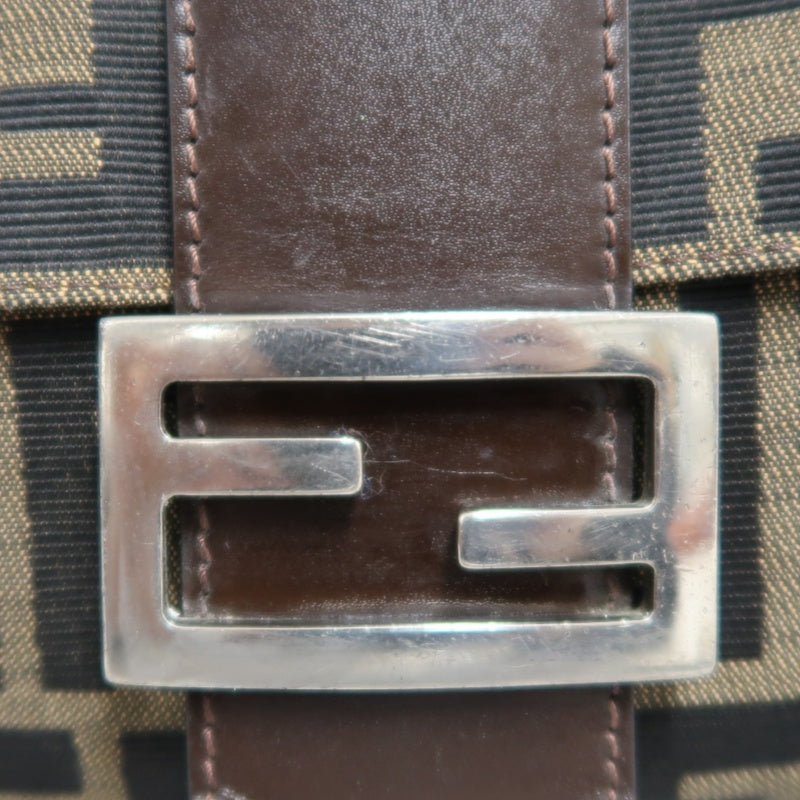 FENDI Zucca Vintage Canvas Shoulder Bag Brown Leather Strap Silver Hardware
