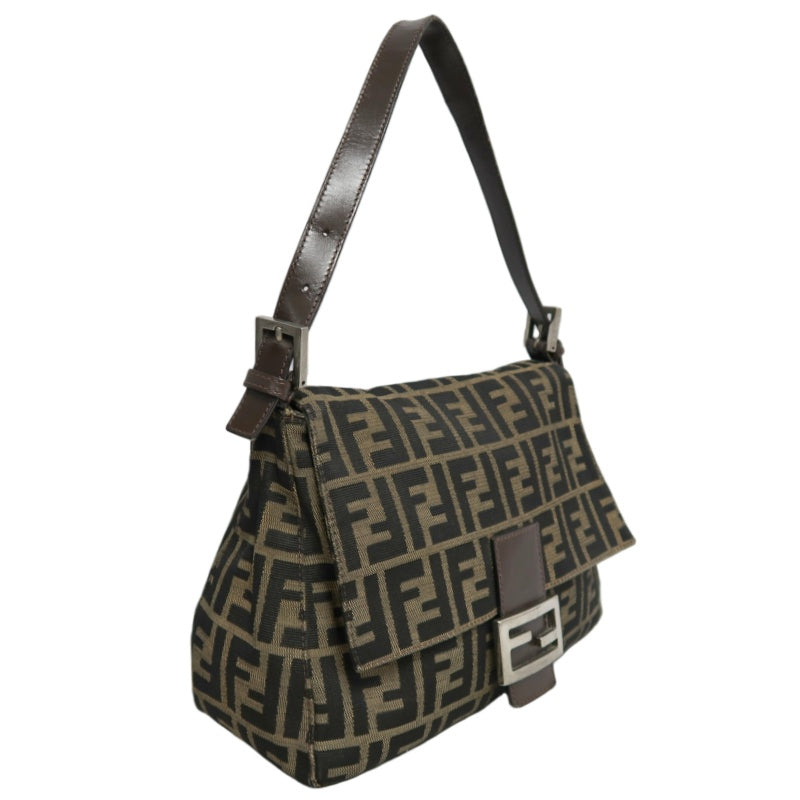 FENDI Zucca Vintage Canvas Shoulder Bag Brown Leather Strap Silver Hardware