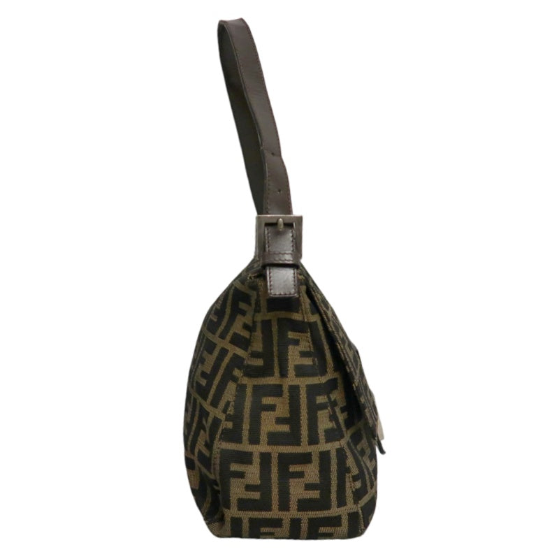 FENDI Zucca Vintage Canvas Shoulder Bag Brown Leather Strap Silver Hardware