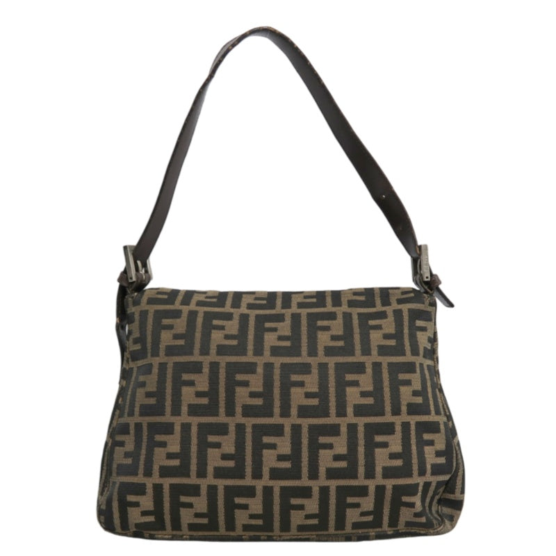 FENDI Zucca Vintage Canvas Shoulder Bag Brown Leather Strap Silver Hardware