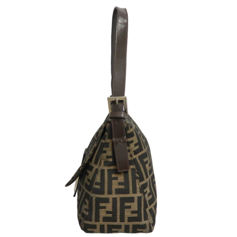 FENDI Zucca Vintage Canvas Shoulder Bag Brown Leather Strap Silver Hardware