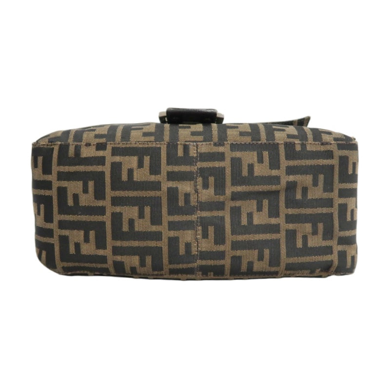 FENDI Zucca Vintage Canvas Shoulder Bag Brown Leather Strap Silver Hardware